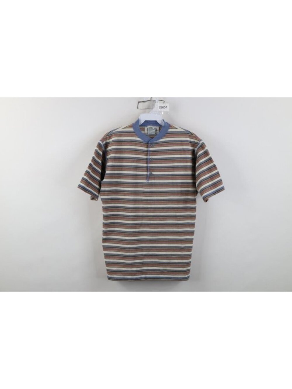 Vintage 90s Henley T-Shirt Womens Size M Rainbow Striped Knit Short Sleeve